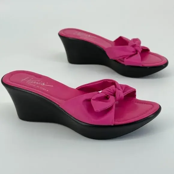 Y2K Harris Leather Wedge Sandals US 7.5 EU 38 Made in Italy Bow Platform Heels - Picture 8 of 9